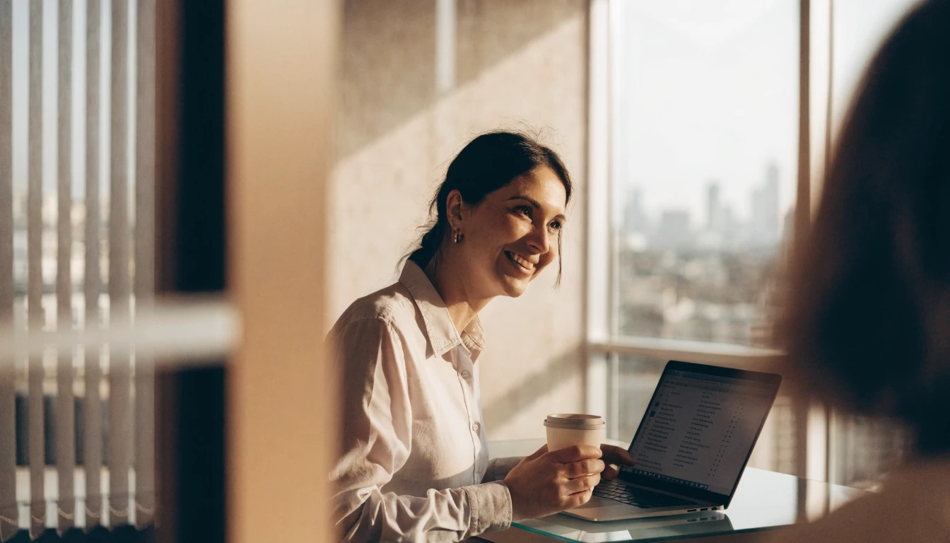 Friendly office receptionist with coffee and laptop in London office