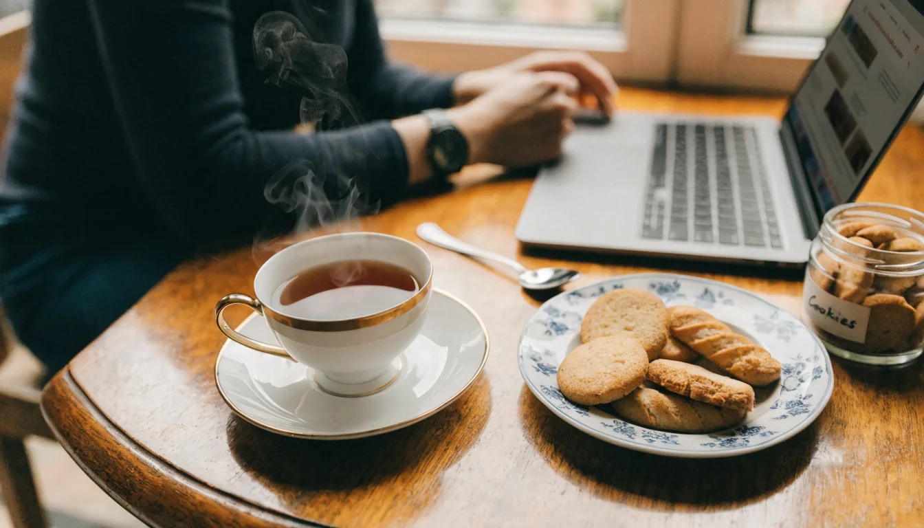 British tea setting with cookies and laptop screen.