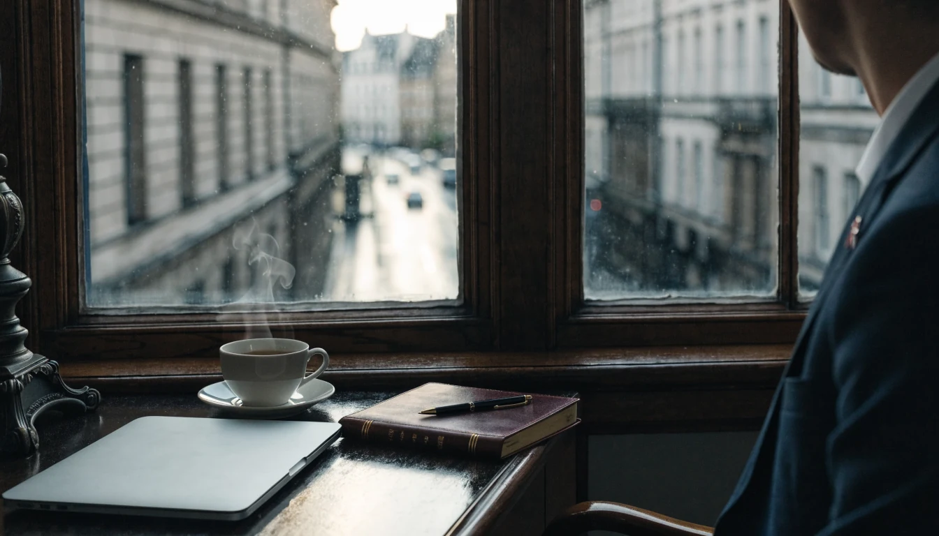 British office desk with tea, notebook, and window view