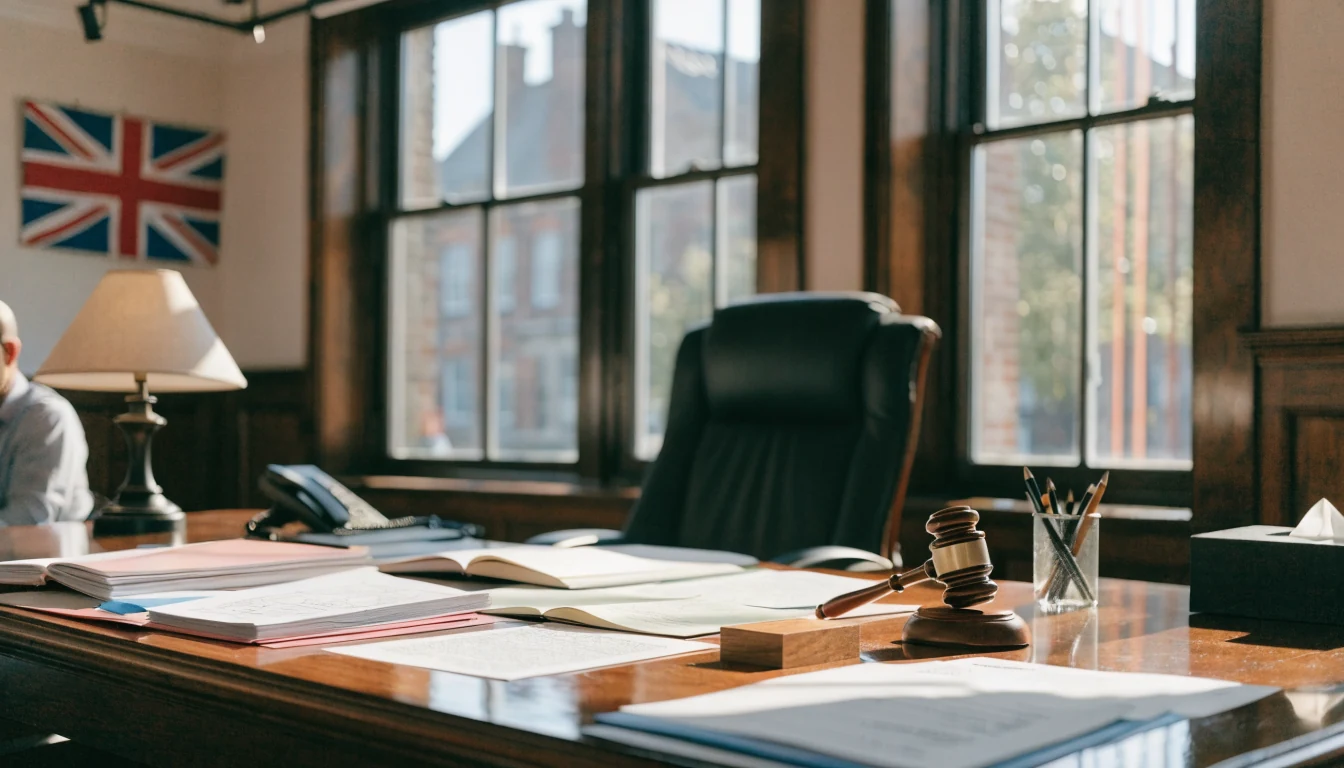 British law office with documents, gavel, and Union Jack flag
