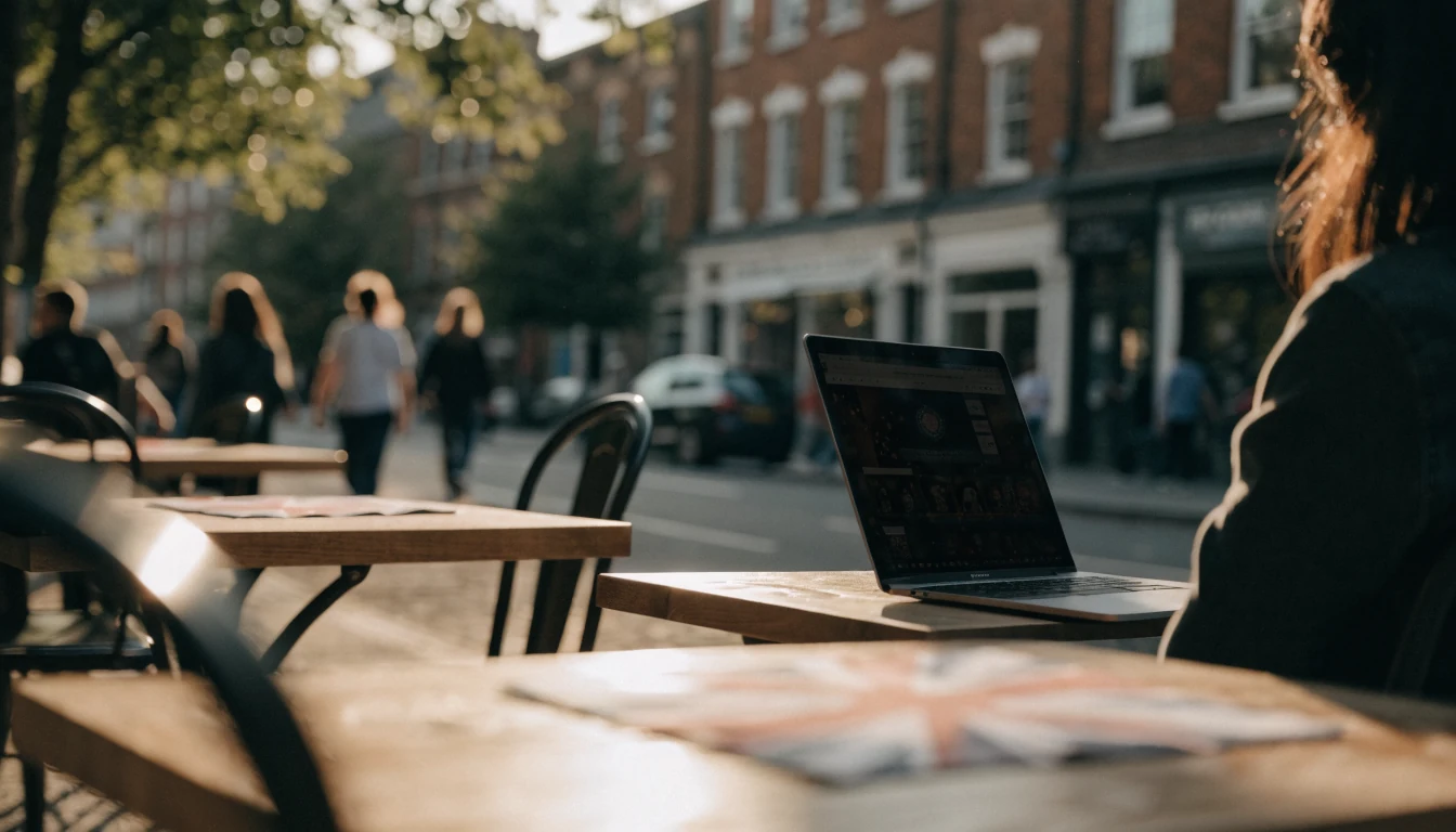 British café scene with laptop displaying casino website background