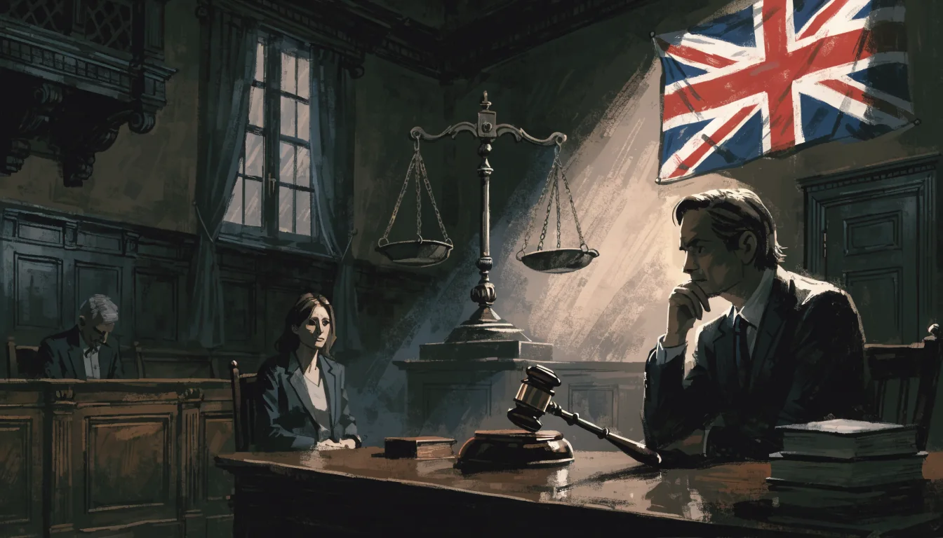 British courtroom with gavel and UK flag