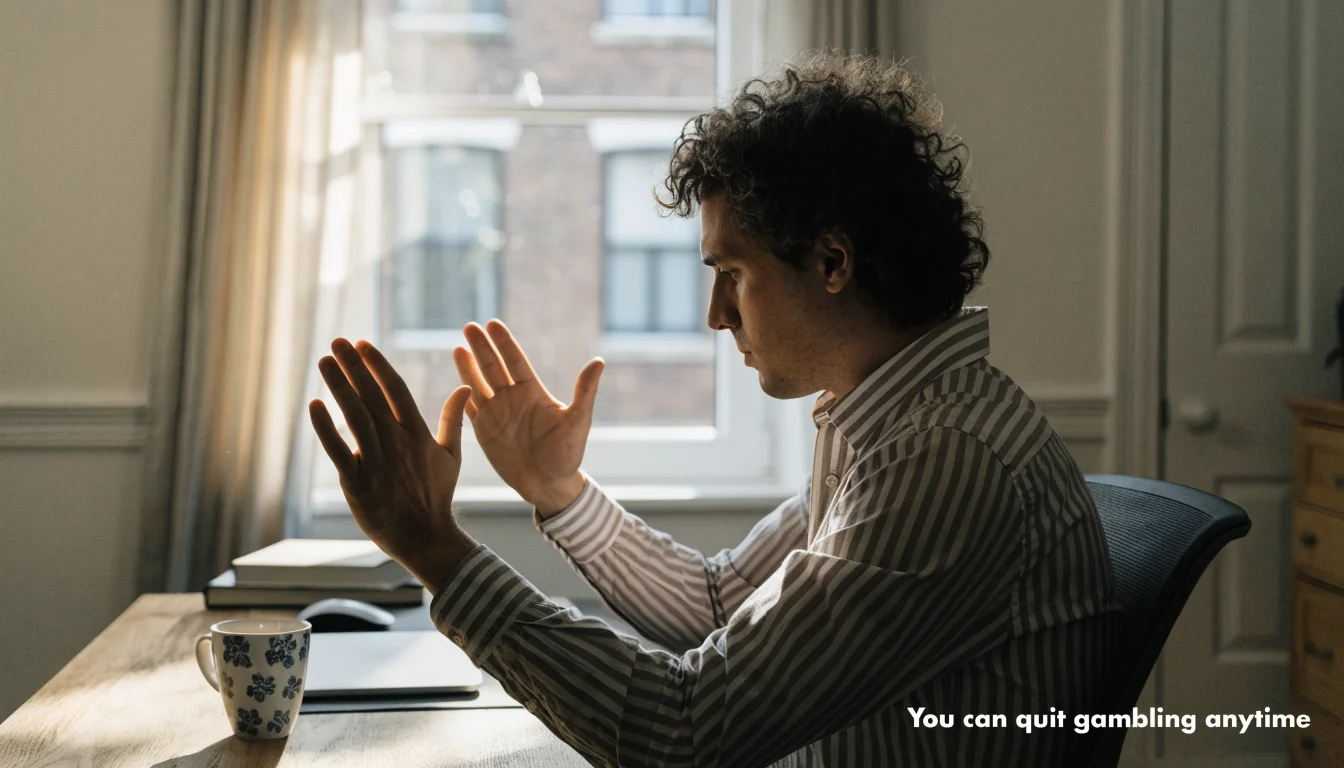 Person at desk raising hands to stop gambling
