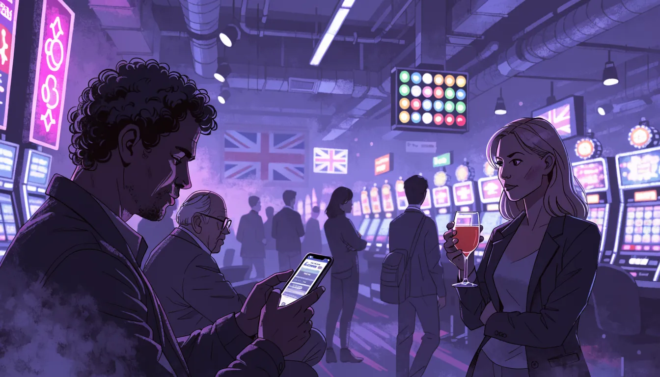 Stylish casino lobby with neon signs and slot machines
