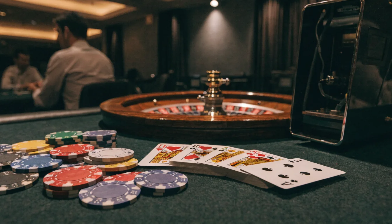 Tabletop with chips, cards, roulette wheel and slot machine