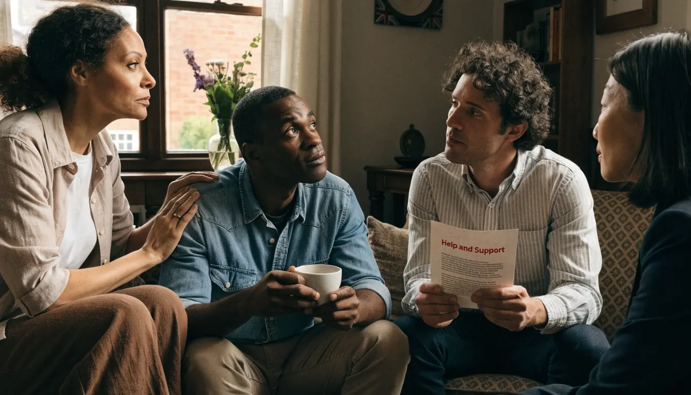 Supportive group conversation in a UK living room