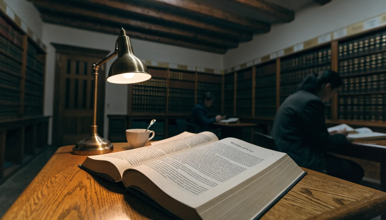 British law library with open legal book and tea